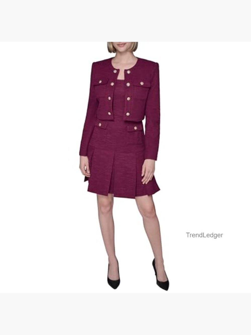 Tweed Cropped Blazer with Pockets Long Sleeve Stretch Texture - Picture 2 of 5